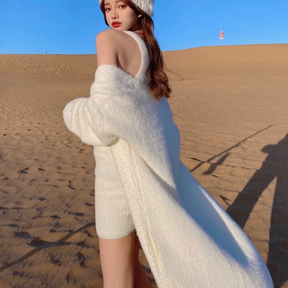 Sweater cardigan 3PCS SET skirt crop top fuzzy eyelash white soft womens - Picture 8 of 15